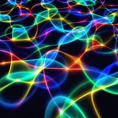 The primary subject of the image is a vibrant and colorful pattern of neon lights. The setting is a dark background, which contrasts with the bright and luminous colors of the neon lights. The visual style of the image is a combination of digital art and illustration, creating a dynamic and eye-catching display. The dominant colors in the image are blue, green, and yellow, which contribute to a lively and energetic atmosphere.